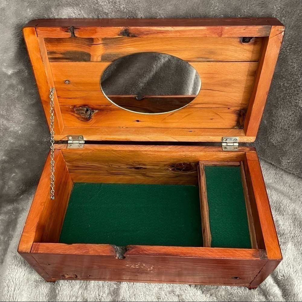 Large Handcrafted Solid Wood Jewelry Chest Mirror Lid Green Felt Lined 13"